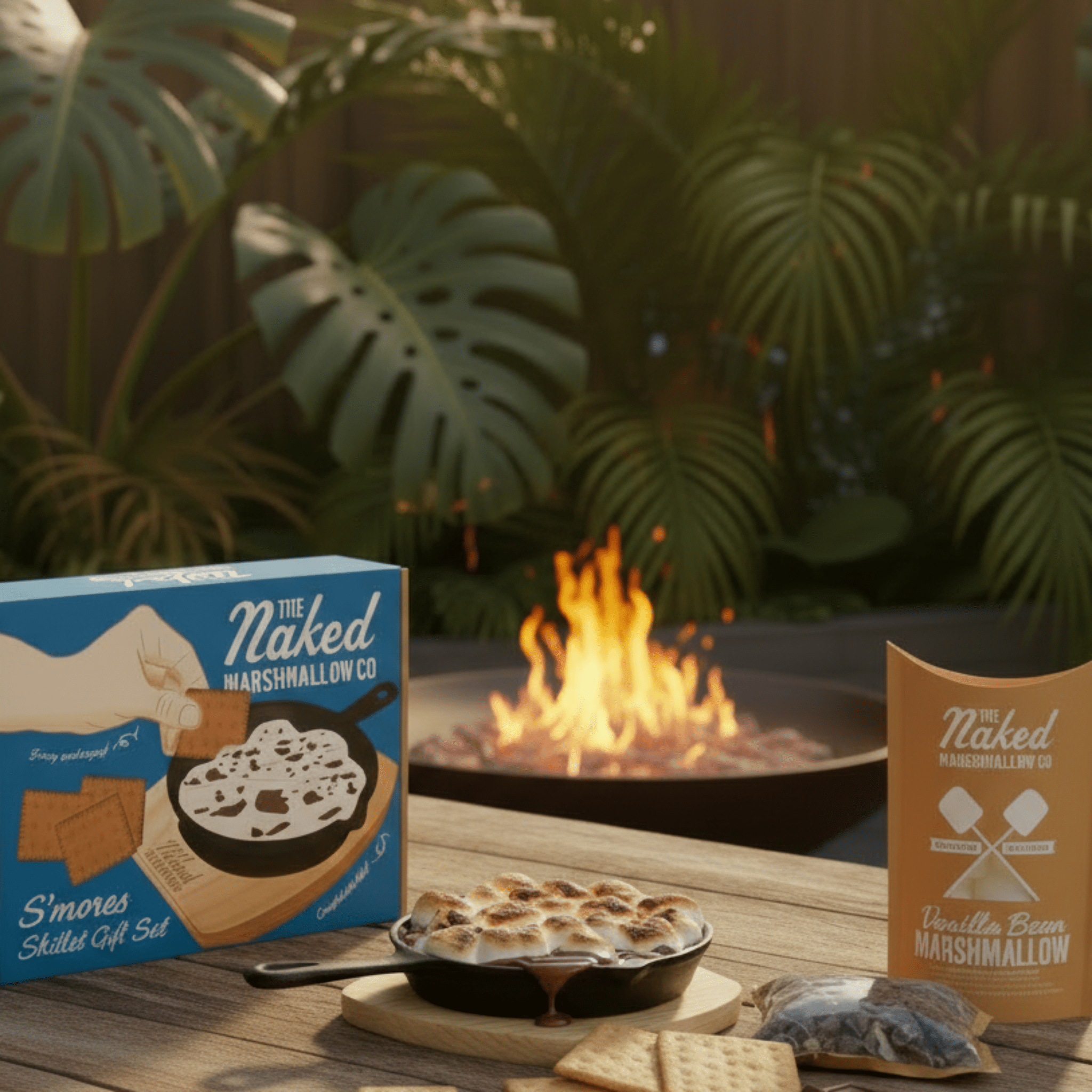 Naked Marshmallow Co.'s s'mores kit on a wooden table with a fire pit and plants in the background