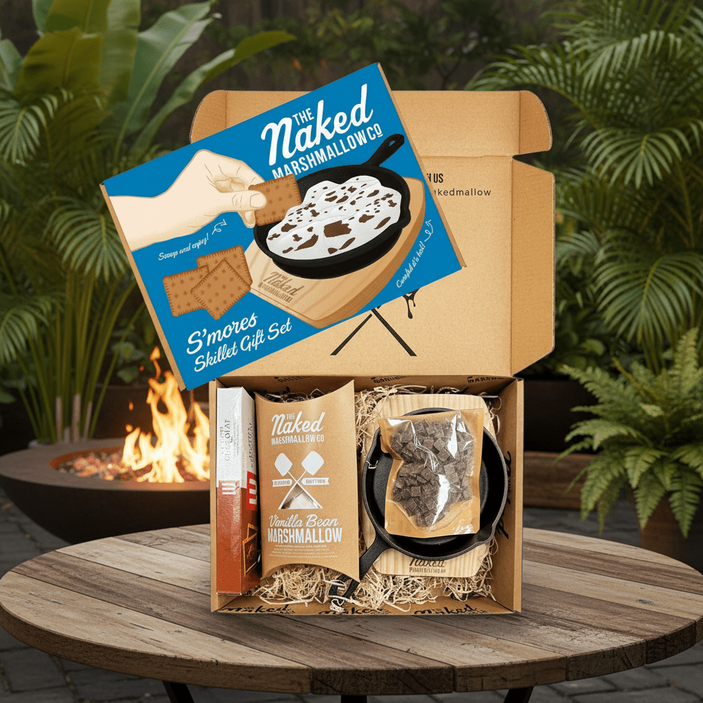 Naked Marshmallow Co. s'mores kit on a wooden table with a fire pit and plants in the background