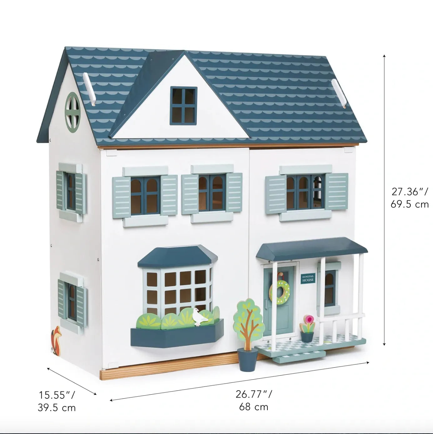 Wooden dollhouse with blue roof and white walls, featuring dimensions displayed.