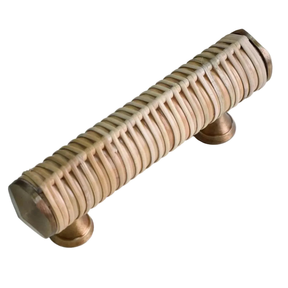 Druridge rattan-wrapped bar handle with metal end caps and mounting feet on a white background