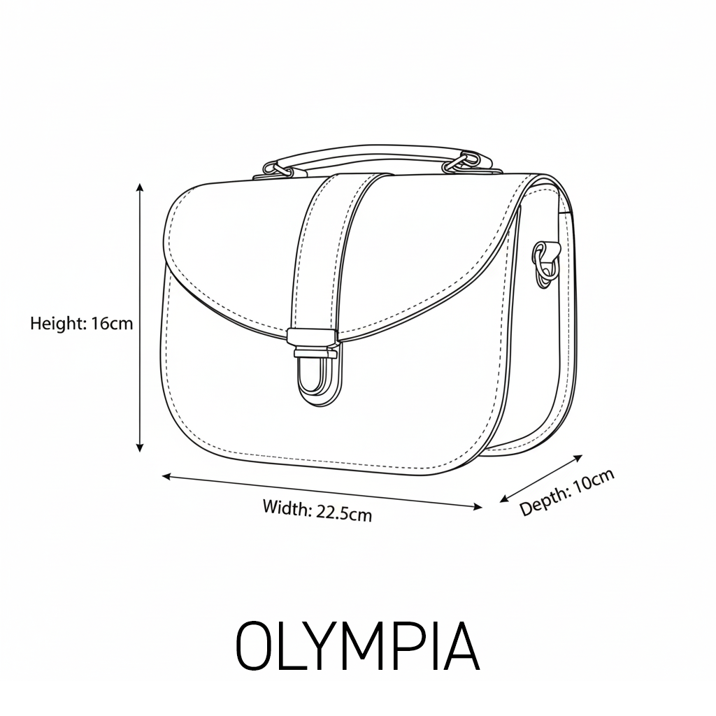 Olympia handbag size diagram showing 22.5cm width, 16cm height excluding the handle and 10cm depth