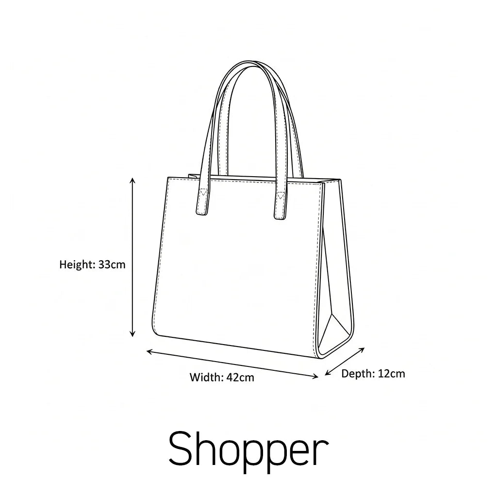 Zatchels shopper size guide showing external width 42cm, height 33cm excluding handles and depth 12cm.