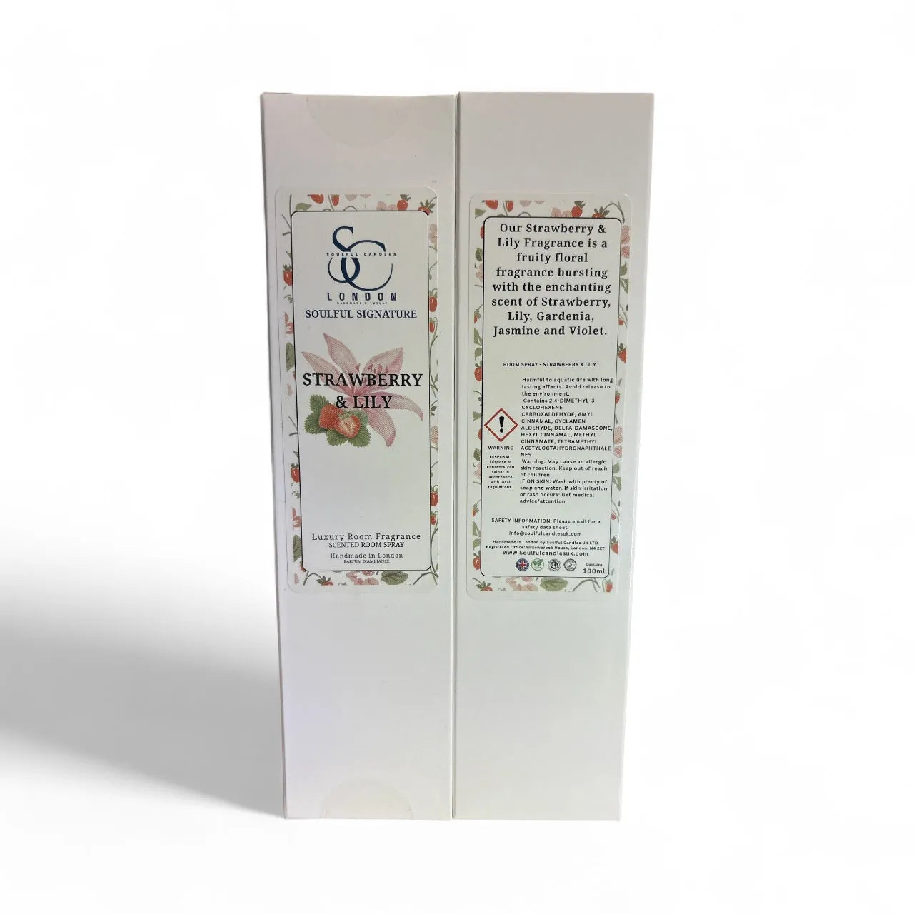 Product packaging for Strawberry & Lily fragrance with branding and product details on a white background