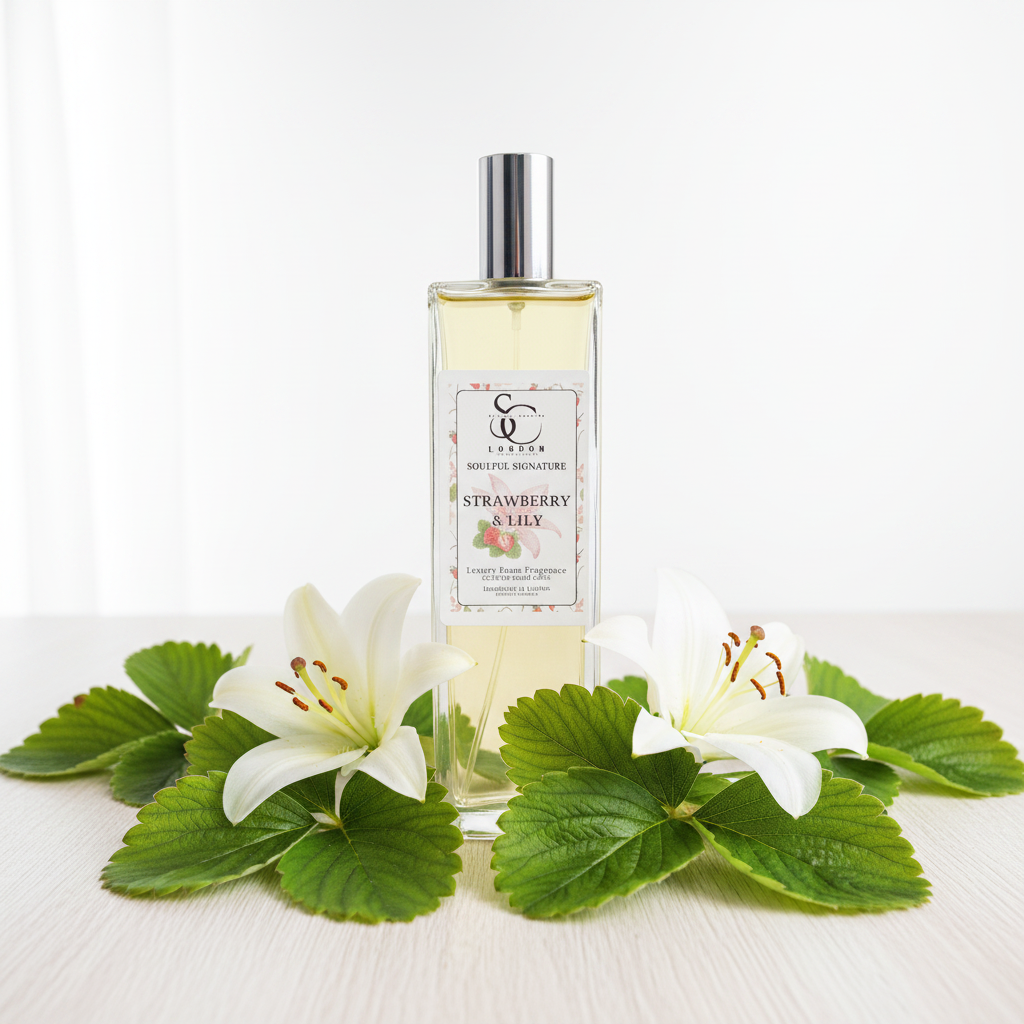 A bottle of Strawberry & Lily room fragrance, styled with fresh white lilies and green strawberry leaves on a light wooden surface against a white background.