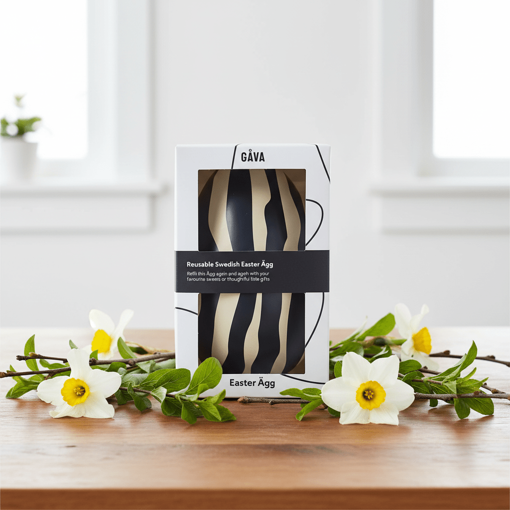 Reusable Swedish Easter egg packaging on a wooden surface with flowers and a blurred window background