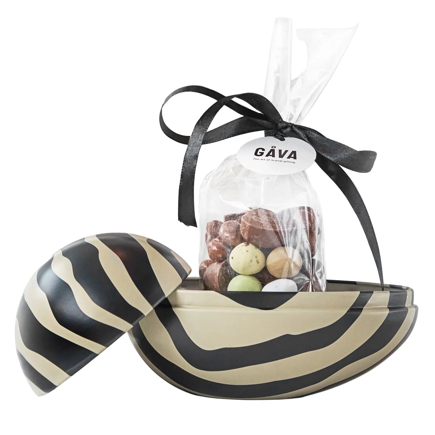 GAVA chocolates in a black and white striped Easter egg tin on a white background