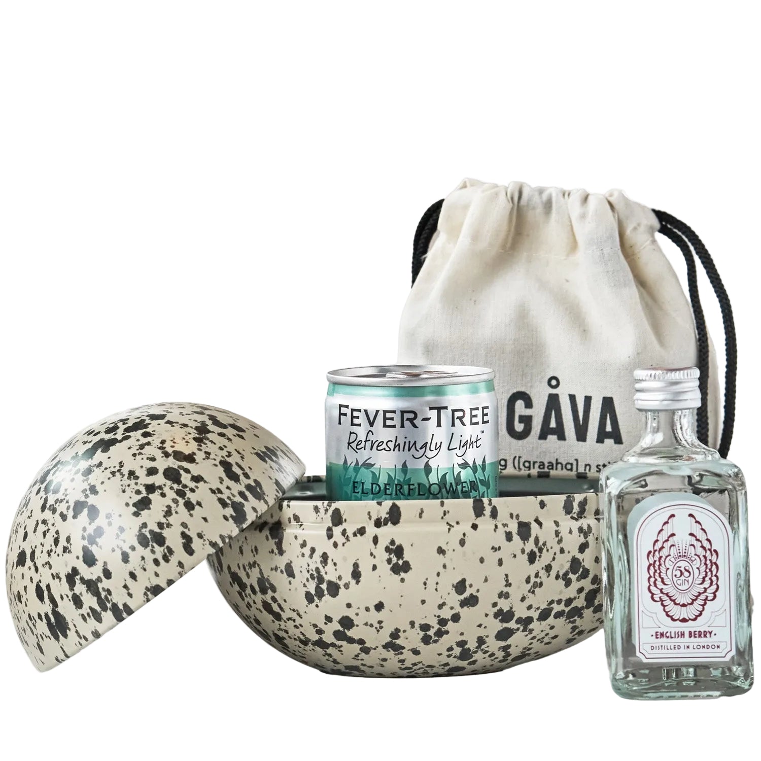 Gava Easter gift set with a bottle, can, and decorative stone on a white background