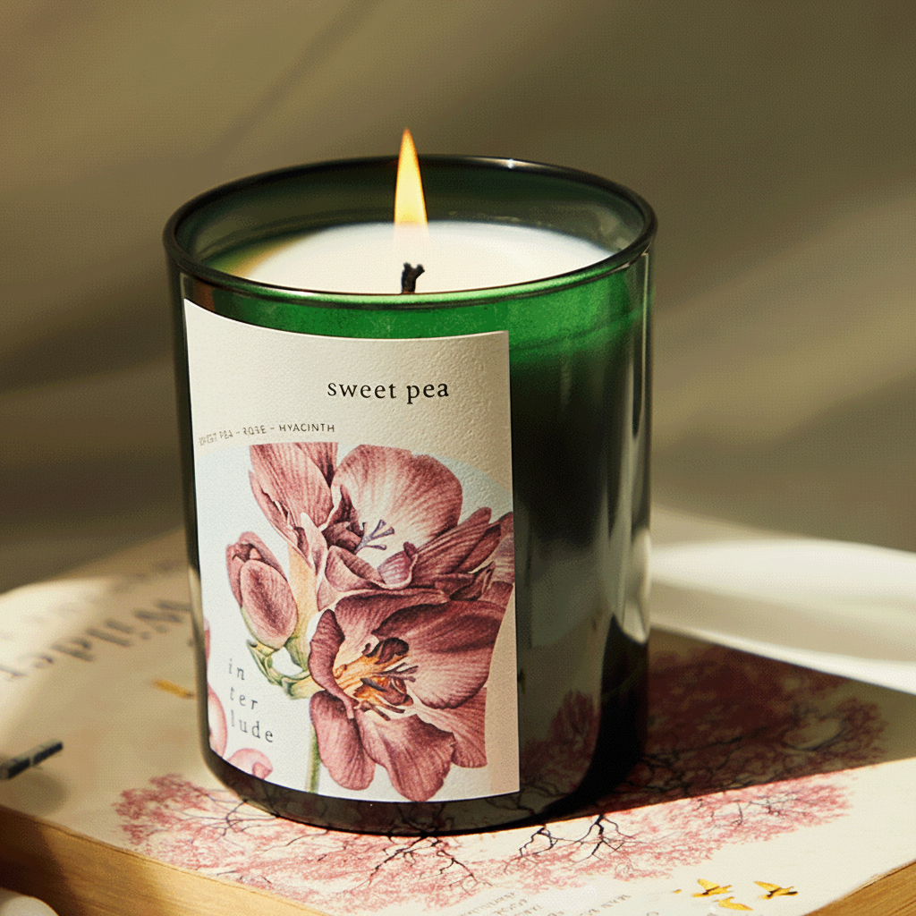 A green glass candle jar with a lit flame, featuring a label that reads 'sweet pea' and shows pink floral artwork. The candle is styled on a book.
