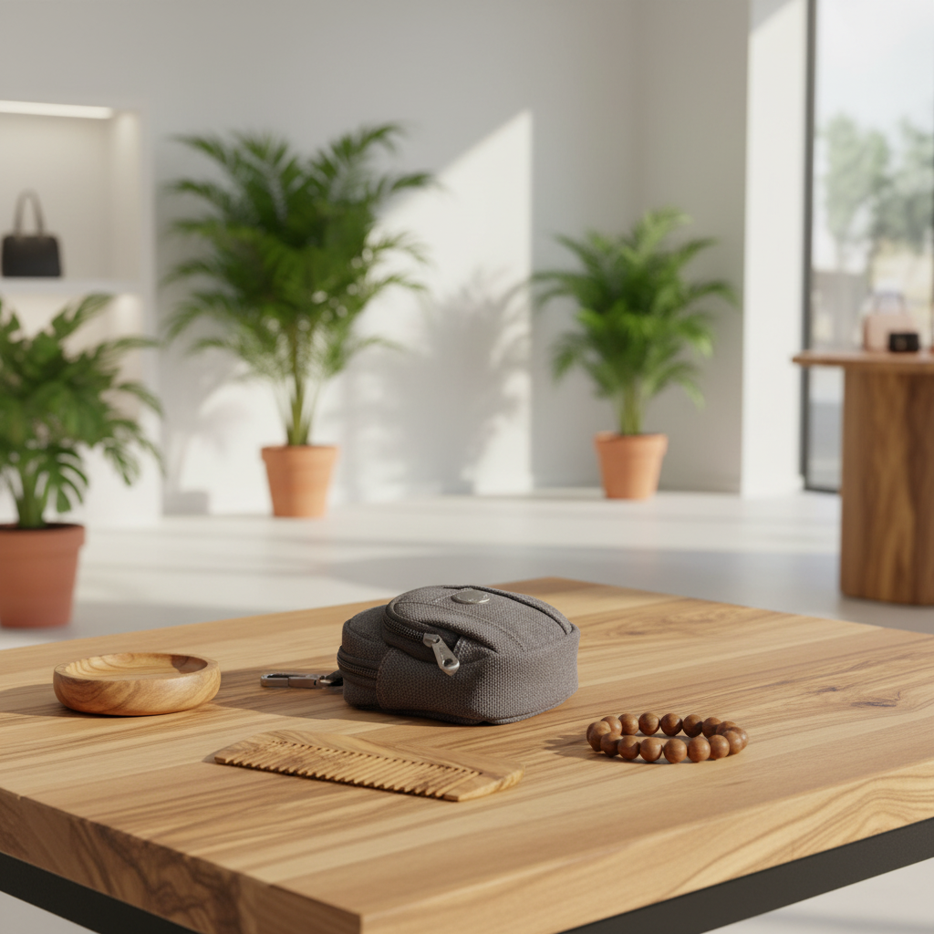 A small grey fabric zippered pouch with silver zipper pulls sits on a light wood table, styled with a wooden comb, a wooden bowl, and a beaded bracelet. The background is a bright, modern interior with potted green plants and soft natural light.