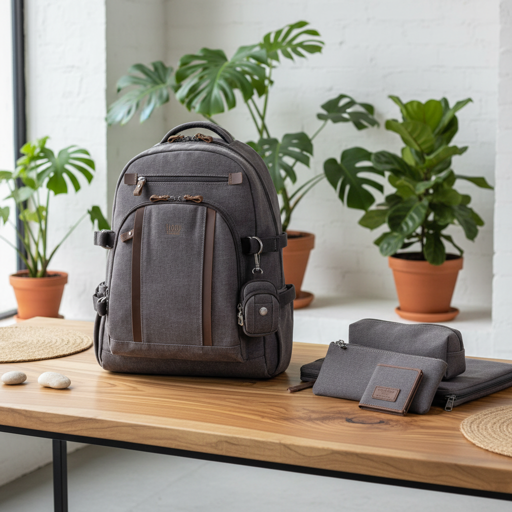 A dark grey canvas backpack with a troop london bag charm and brown leather accents stands on a wooden table, styled with matching gray pouches and a laptop. The scene is set in a bright, modern room with potted green plants against a white brick wall.