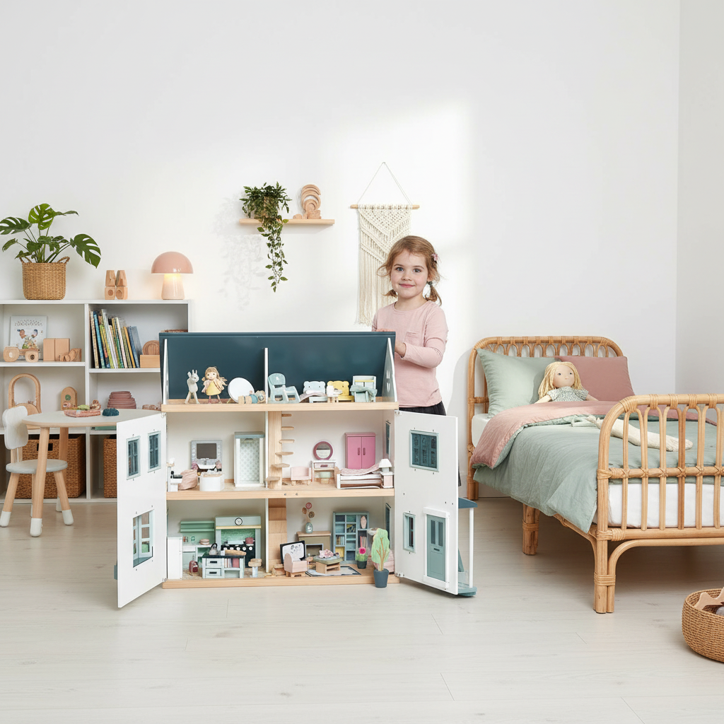 A young girl stands behind a large wooden dollhouse with open doors, set in a bright, modern children's bedroom with a wooden bed, shelves, and toys.