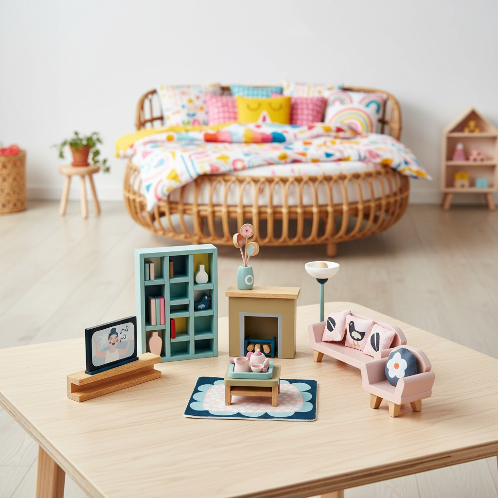 A miniature dollhouse living room set arranged on a light wood table in the foreground, with a small sofa, armchair, bookshelf, fireplace, TV, lamp, and rug. A larger wicker daybed with colorful bedding is visible in the softly blurred background room.
