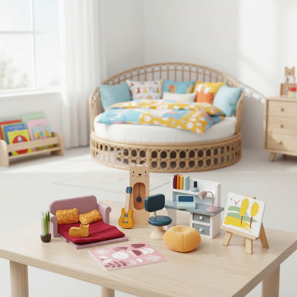 A miniature dollhouse-style children's room set on a light wood table in the foreground, featuring a small pink bed, yellow pillows, a giraffe figure, a desk with a lamp, and a small easel. In the softly blurred background is a real nursery room with a round wicker daybed, patterned bedding, and a dresser.