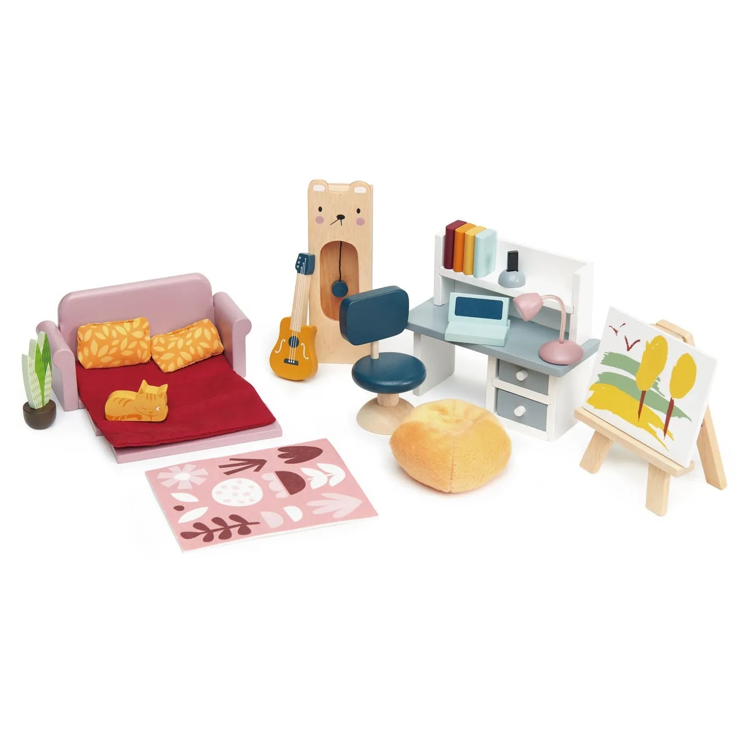 Set of wooden toy study furniture, including a sofa, desk, and chair on a white background