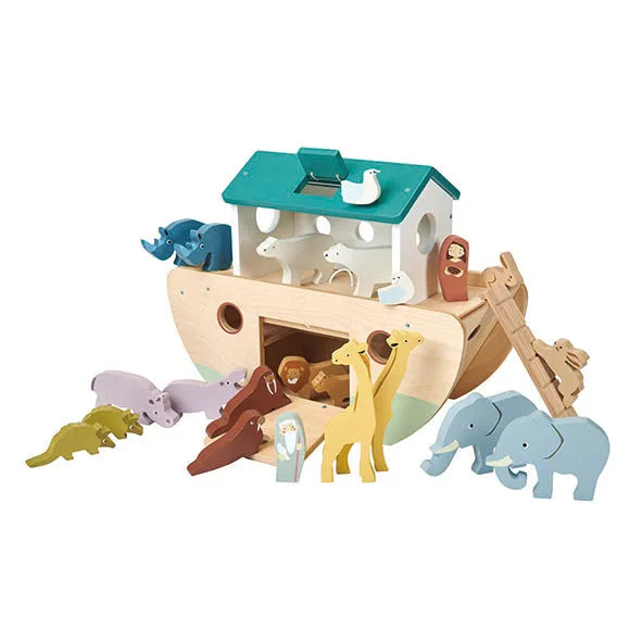 Wooden toy Noah's Ark with colourful animal figures on a white background