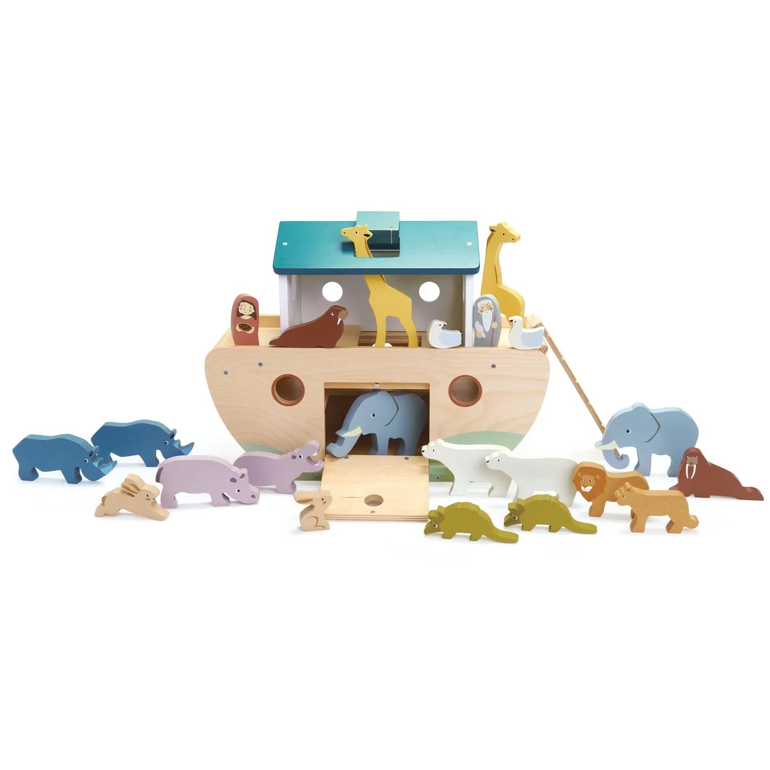 Wooden toy Noah's Ark with animals on a white background