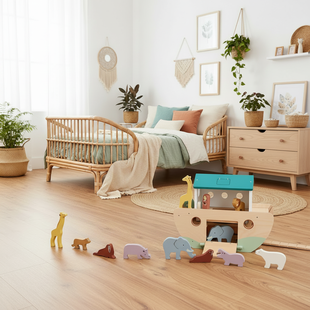 A styled children's bedroom with a rattan bed, wooden dresser, and a wooden Noah's Ark toy set with animal figures on the floor. The room has light wood flooring, white walls, and several potted plants.