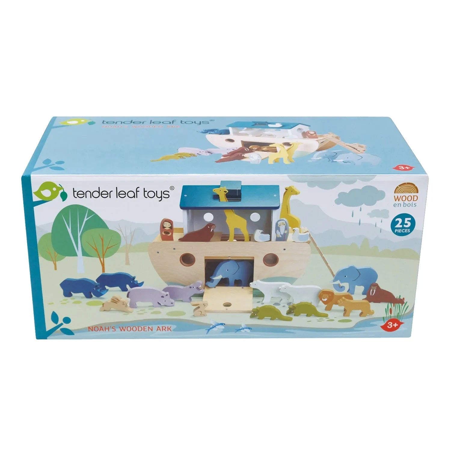 Box of tender leaf toys Noah's Wooden Ark on a white background