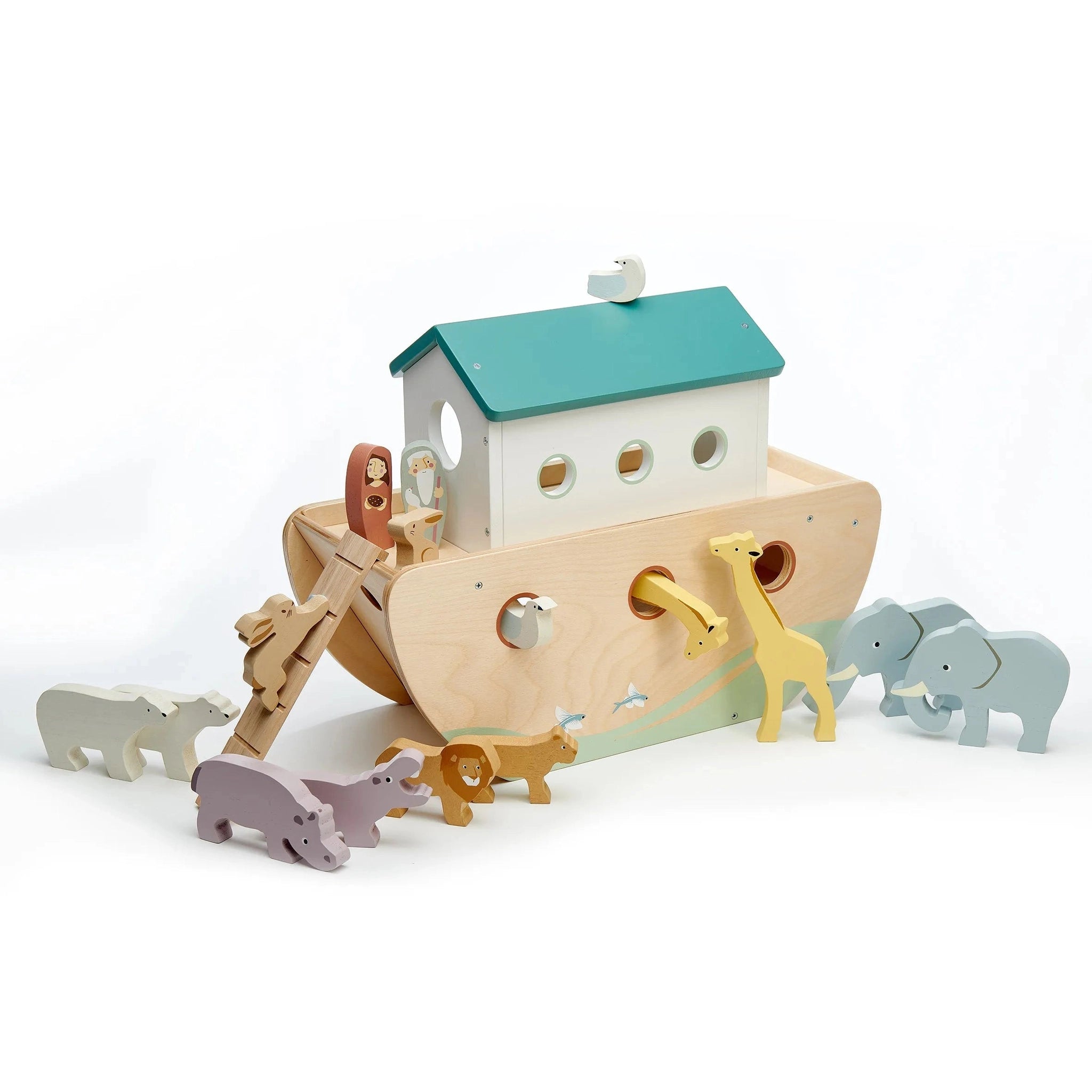Wooden toy Noah's Ark with colourful animal figures on a white background