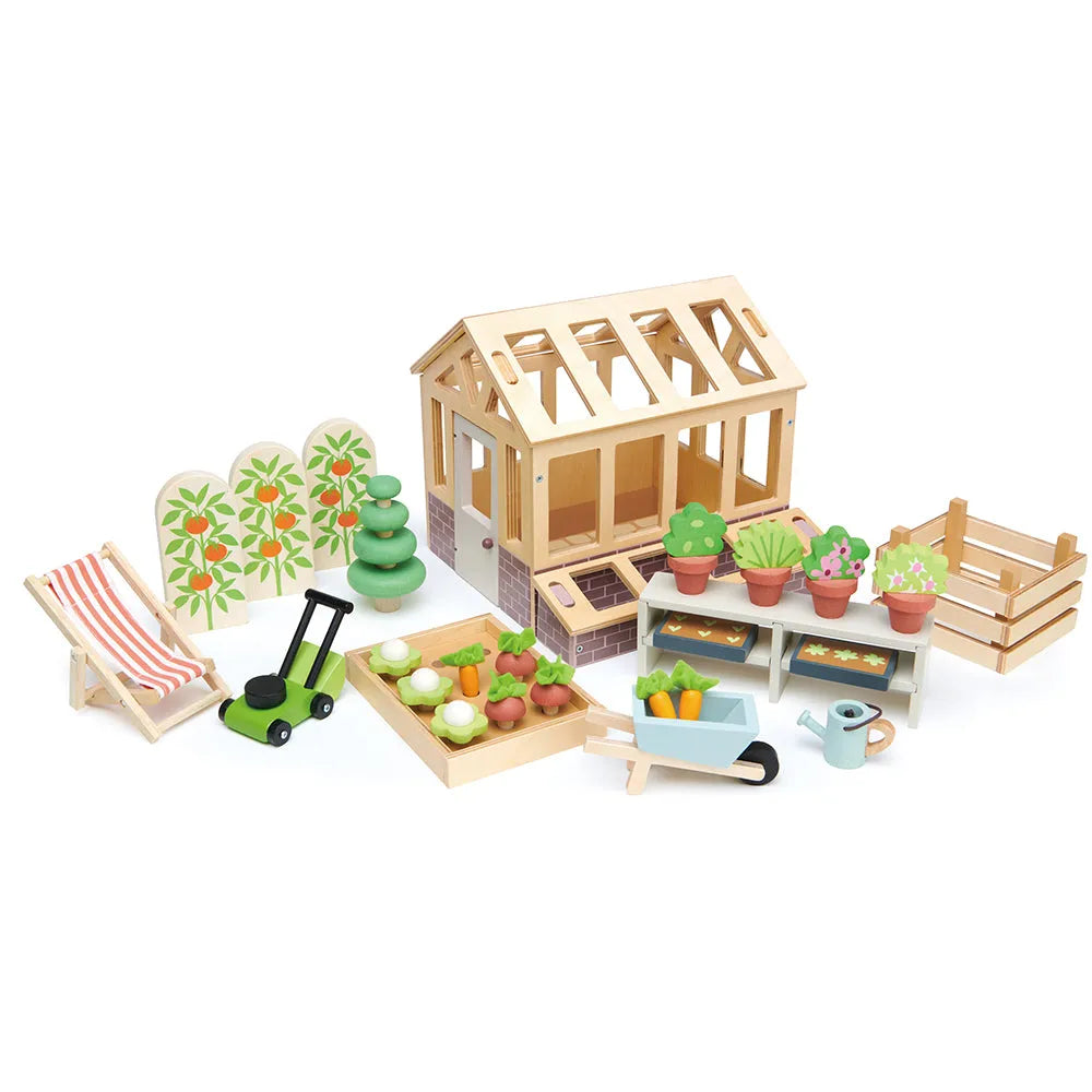 Tender Leaf wooden greenhouse and garden set with miniature plants, vegetables, wheelbarrow, lawnmower and deck chair