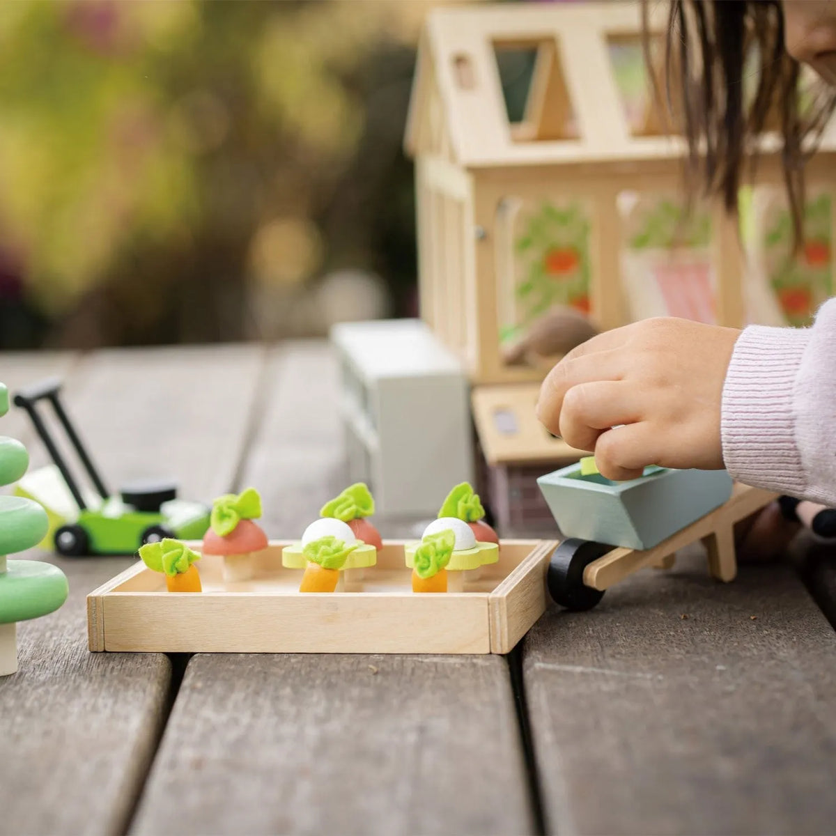 Child moving miniature vegetables into a blue wheelbarrow beside the Tender Leaf garden bed