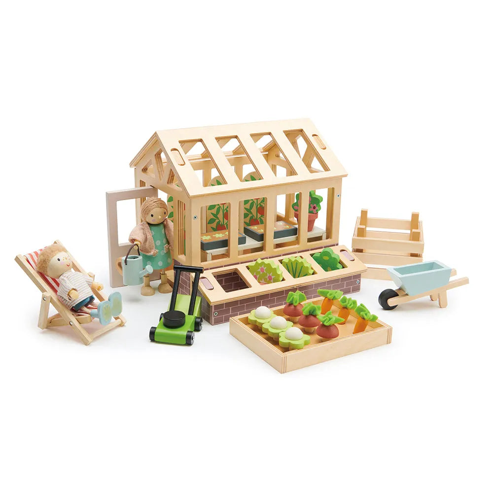 Tender Leaf greenhouse and garden playset arranged with two dolls, sold separately