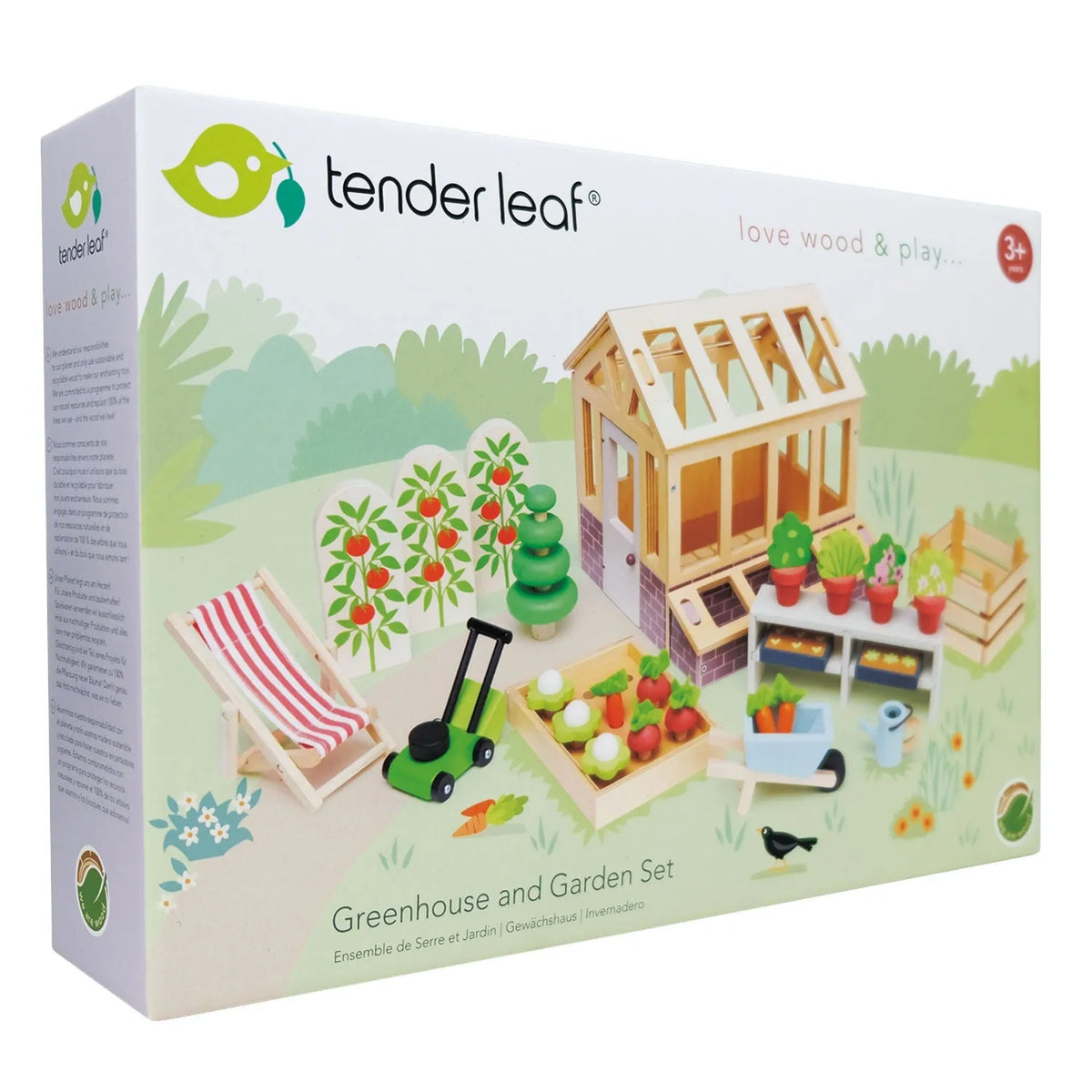 Tender Leaf Greenhouse and Garden Set illustrated box showing the playset and age 3+ marking