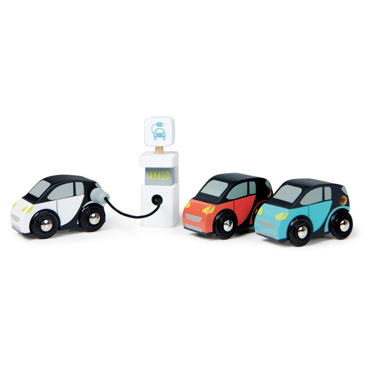 Tender Leaf Smart Car Set with three toy cars and a pretend charging unit on a white background