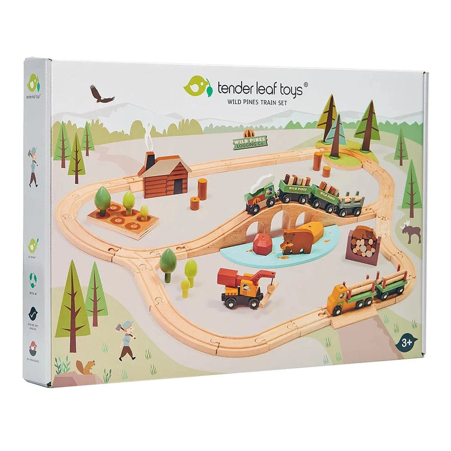 Tender Leaf Toys Wild Pines Train Set packaging with train tracks and wooden elements on a white background