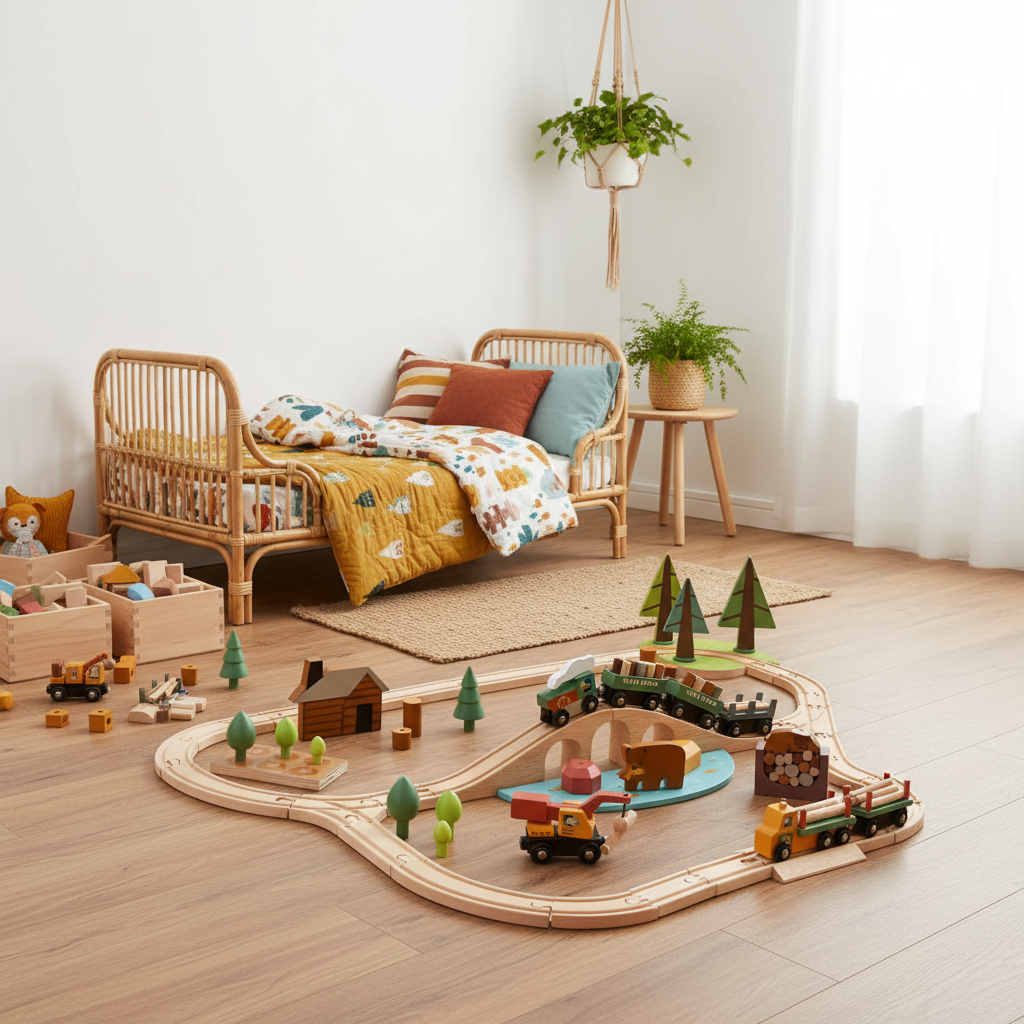 A wooden toy train set arranged on a light wood floor in a bright children's room, with a rattan daybed, pillows, small plants, and storage boxes in the background.