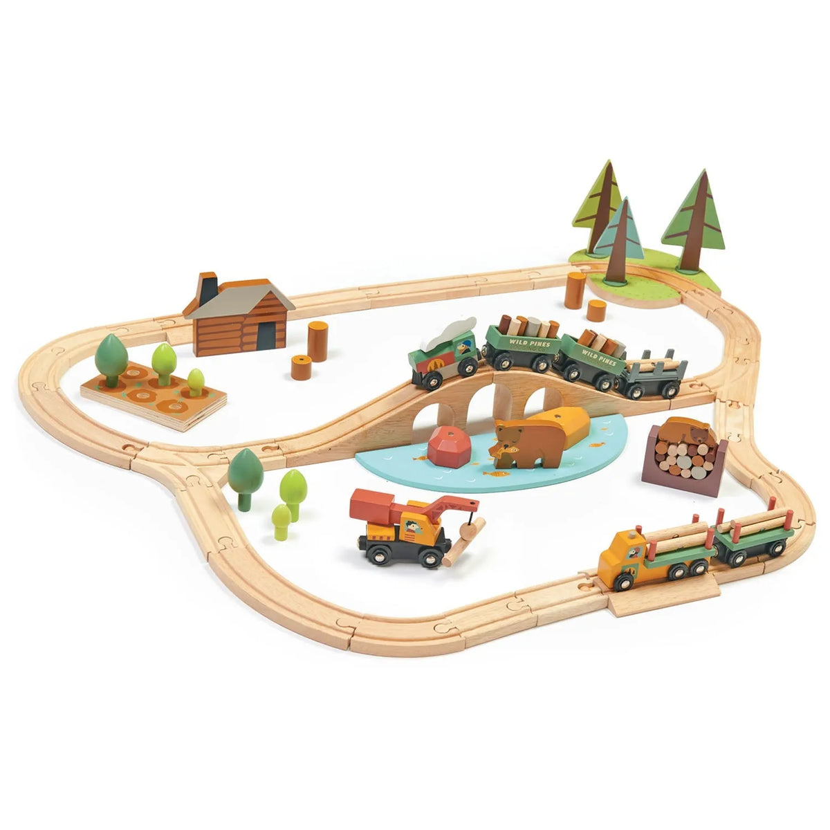 Wooden train set with tracks, trains, and small trees on a white background