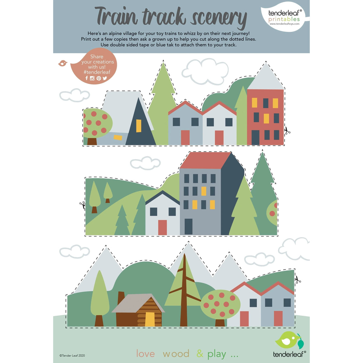 Colorful train track scenery with houses and trees on a white background