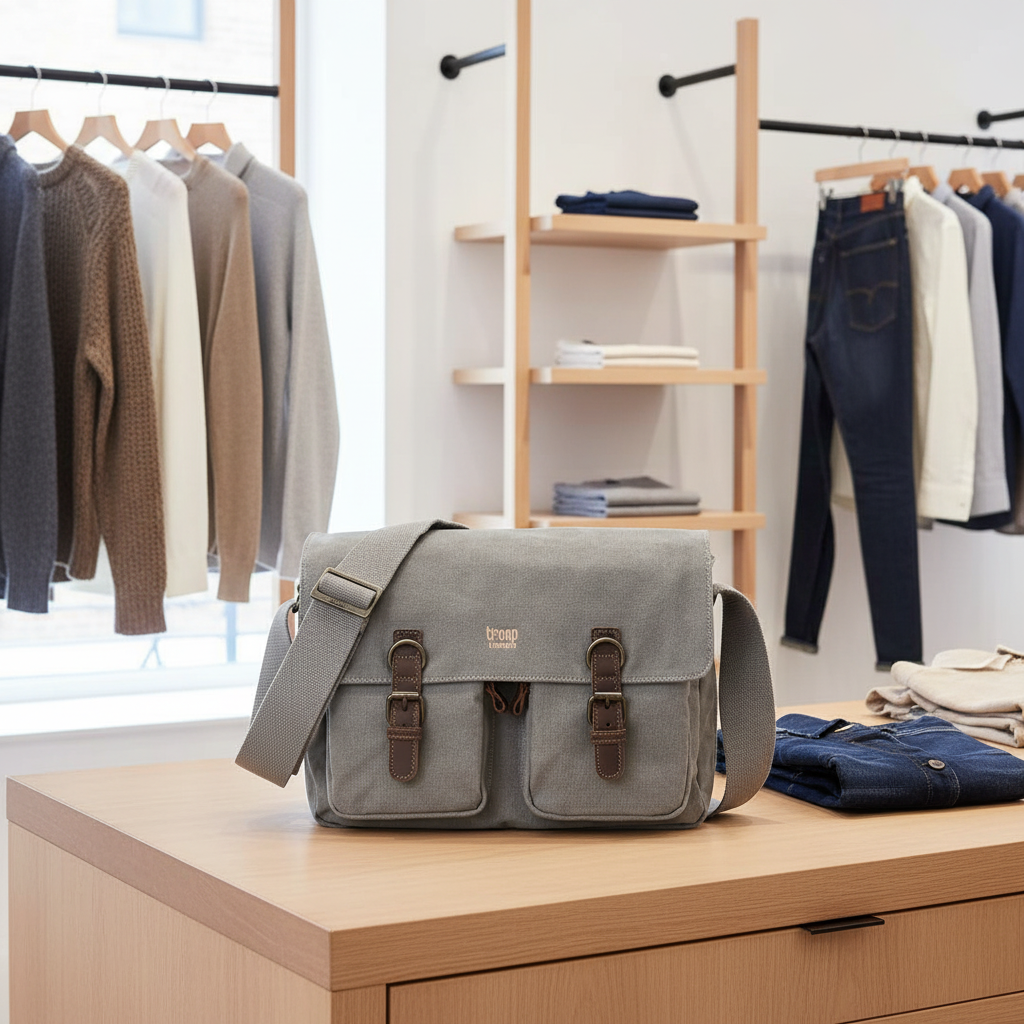 A grey canvas messenger bag with brown leather accents sits on a light wood counter in a clothing boutique, with racks of garments blurred in the background.
