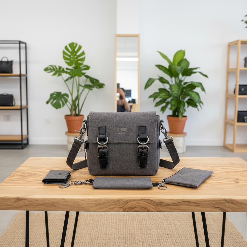 Troop London Canvas Across Body Bag in Dark Grey, on a beautiful wooden display table with plants in the background.