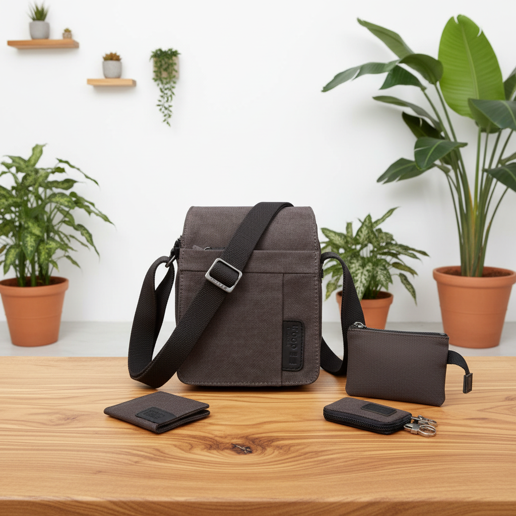 Troop London Canvas Cross-Body Bag in Charcoal on a beautiful wooden surface with accessories and plants