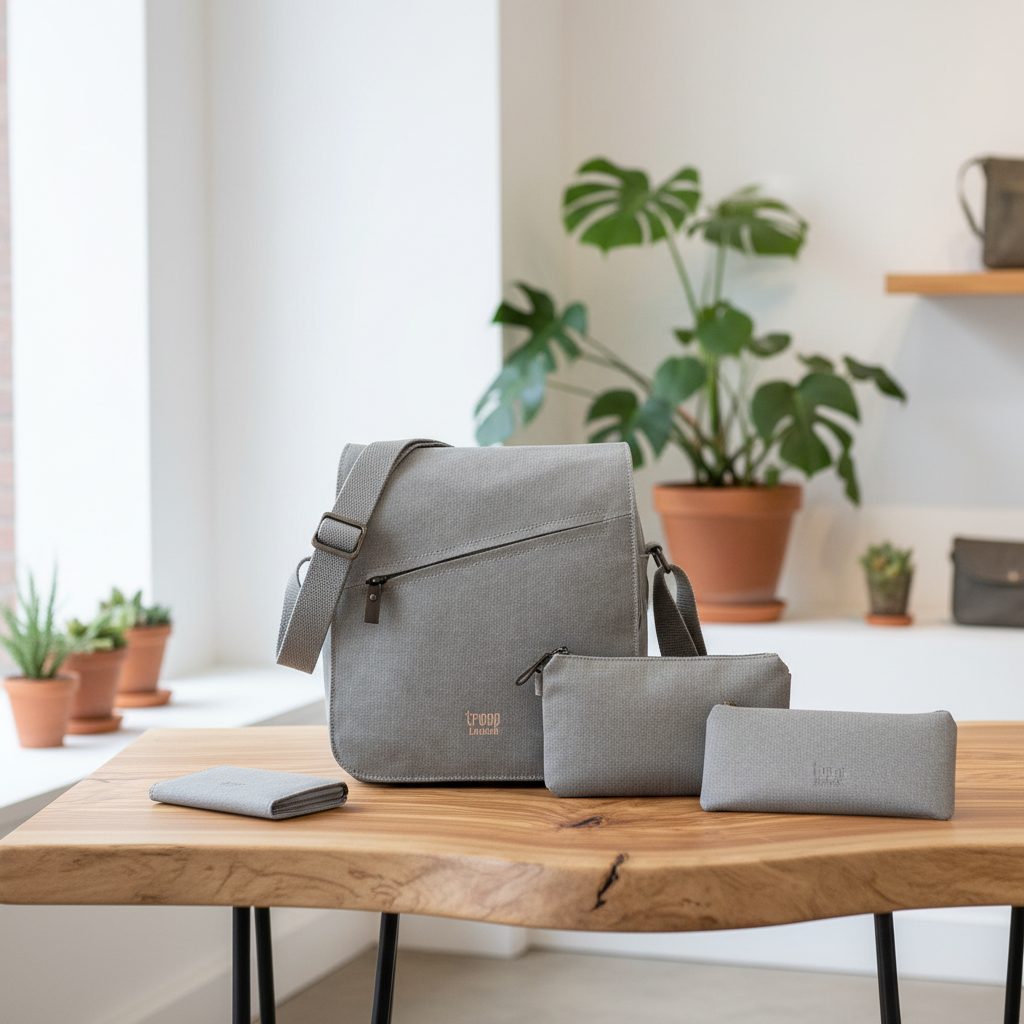 A gray fabric messenger bag displayed on a wooden table with matching gray accessories, including a wallet, pouch, and glasses case, in a bright, modern room with potted plants in the background.