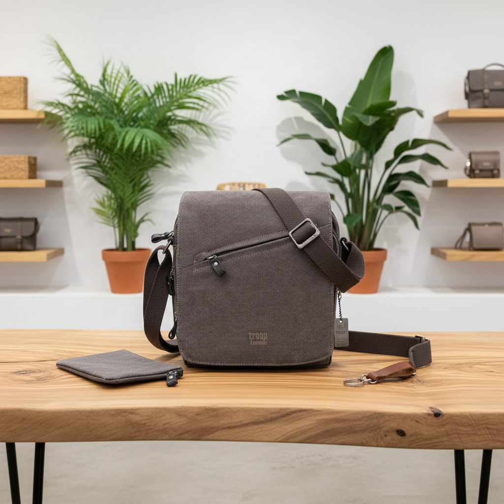 A dark gray canvas crossbody bag with an adjustable shoulder strap and front zip pocket, displayed on a wooden table in a styled retail setting with plants and shelves in the background.