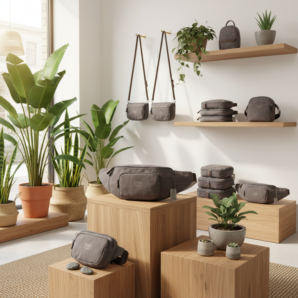 A styled interior scene showing multiple grey canvas fabric crossbody and belt bag products arranged on wooden display blocks, with matching bags hanging on wall hooks and shelves. The setting includes potted plants, wood shelving, and a bright window, making it a real environment rather than a plain studio shot.