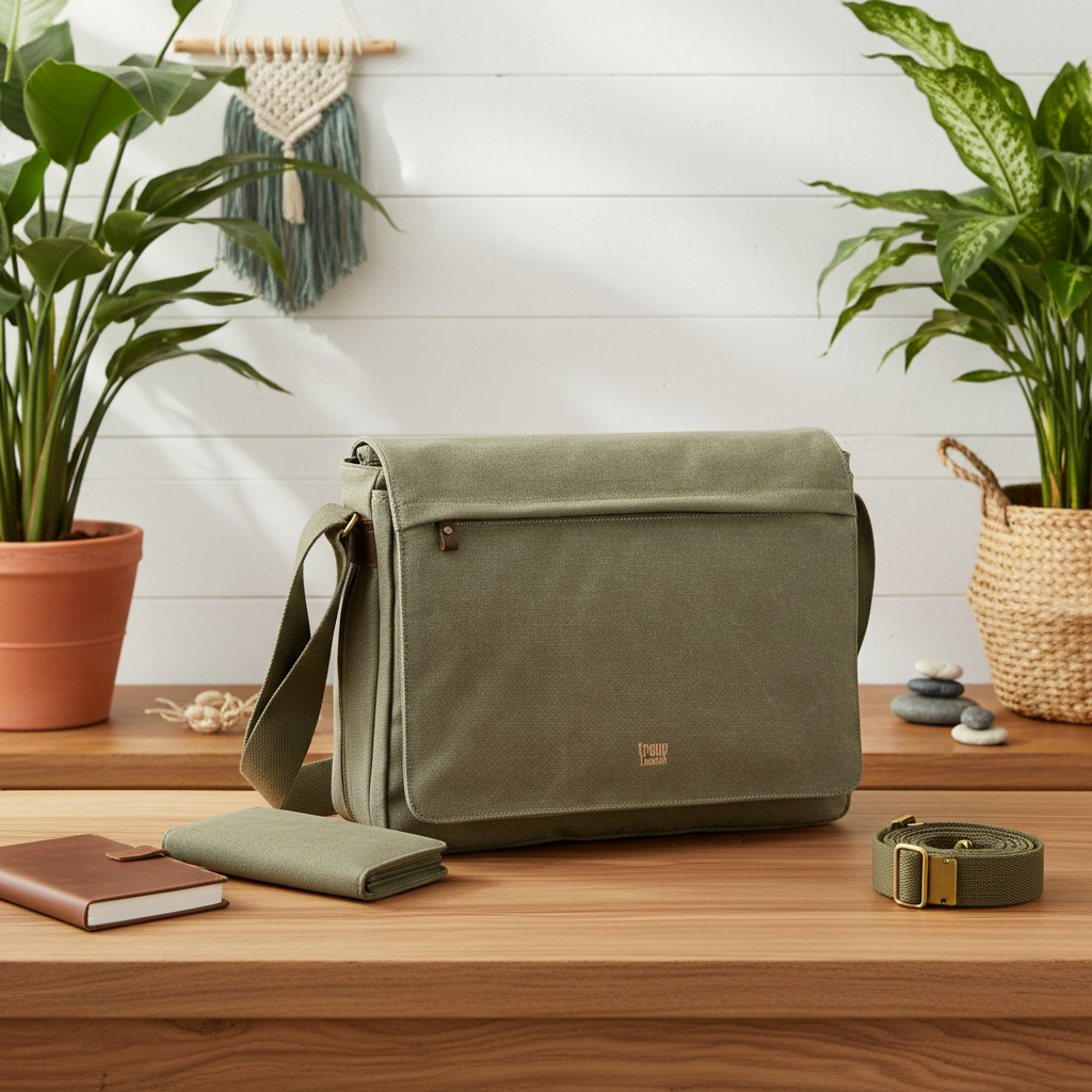 An olive green canvas messenger bag with a matching wallet and belt arranged on a wooden table, styled with potted plants and a macrame wall hanging in a bright indoor setting.