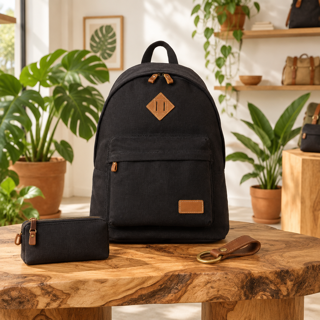 A black canvas backpack with tan leather accents stands on a wooden table in a bright, plant-filled room. A matching black pouch and keychain are placed beside it.