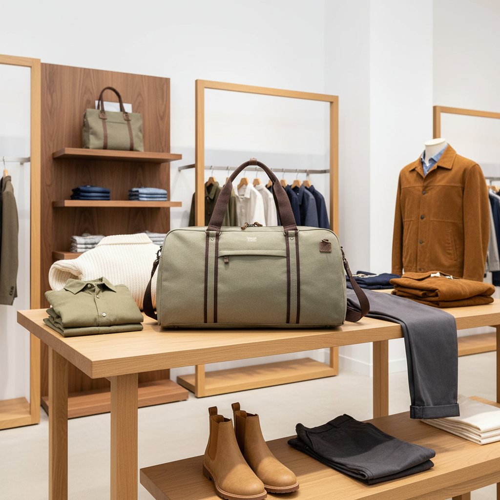 A sage green canvas duffel bag with dark brown leather handles and trim sits on a wooden display table in a modern clothing boutique. The background features other apparel items on racks and mannequins, framed mirrors, and warm wood shelving.