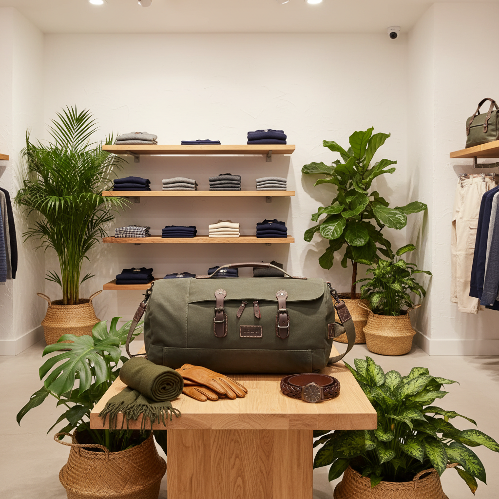 An olive green canvas duffel bag with brown leather straps and buckles sits on a wooden table in a styled retail store. The bag is surrounded by potted green plants, folded clothing on wooden shelves, and leather accessories.