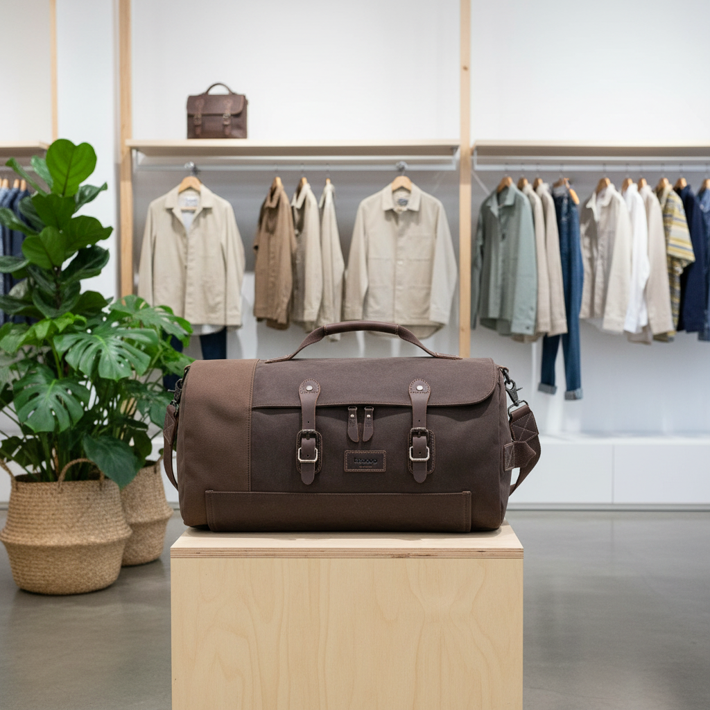 A brown canvas duffel bag with dark brown leather straps and buckles sits on a light wood pedestal in a retail store. The background shows clothing racks with shirts and jackets, a potted green plant, and a wooden shelf.