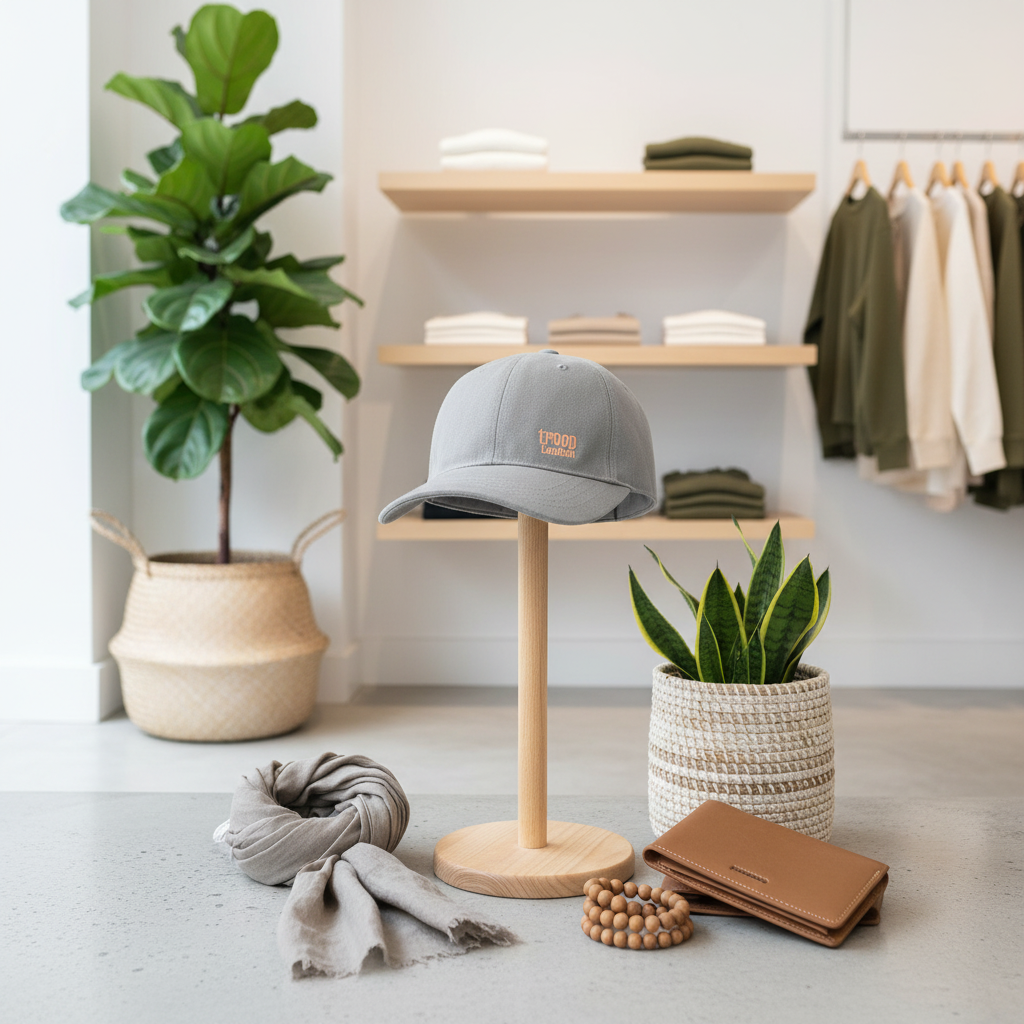A light grey baseball cap with a small orange embroidered logo sits on a wooden display stand in a styled retail interior. The scene includes a potted fiddle-leaf fig plant, a snake plant in a woven basket, folded clothing on shelves, a scarf, a wallet, and a beaded bracelet on the floor.