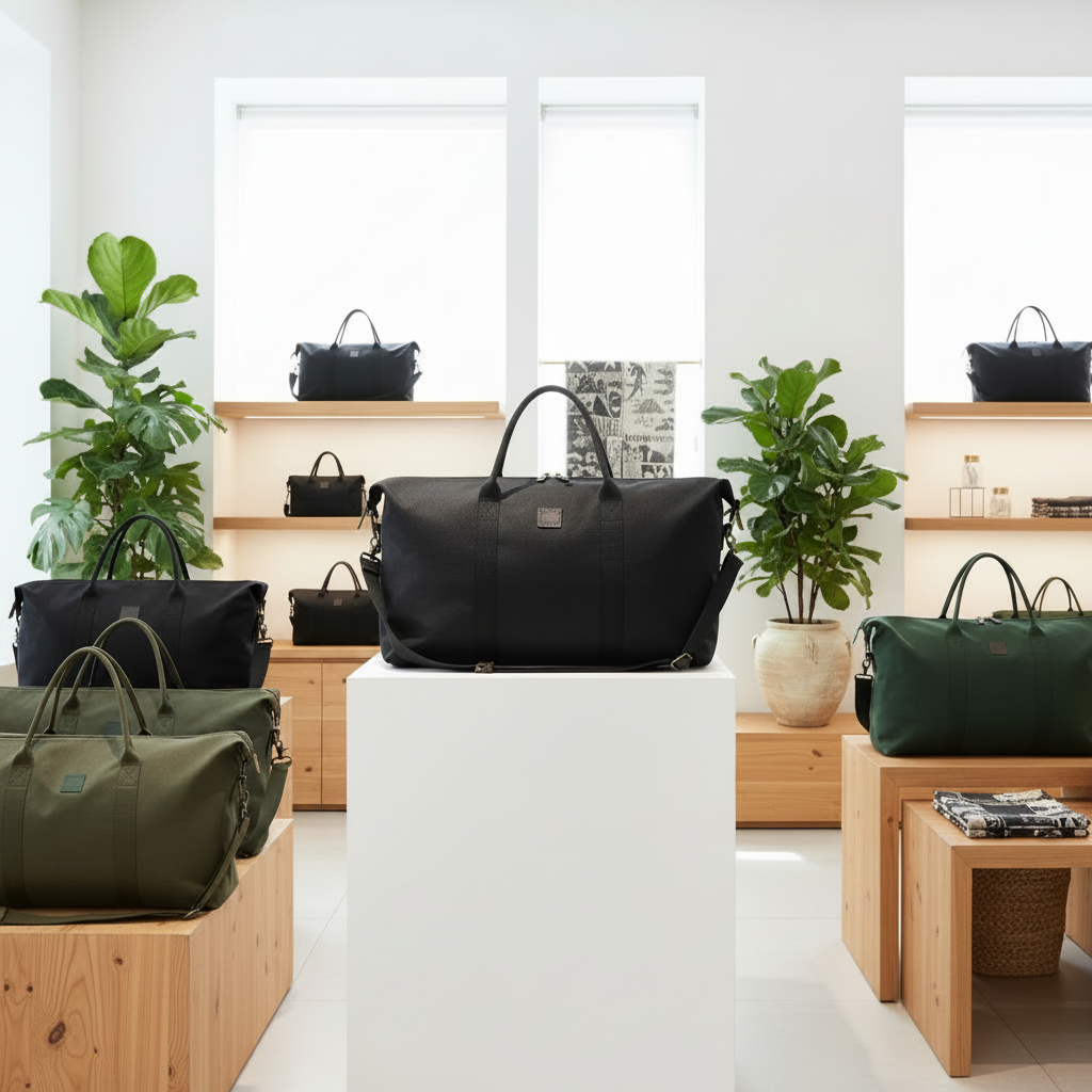 A styled retail display featuring multiple duffel and shoulder bags in black and dark green, arranged on white pedestals and wooden display blocks in a bright, modern store interior with potted plants.