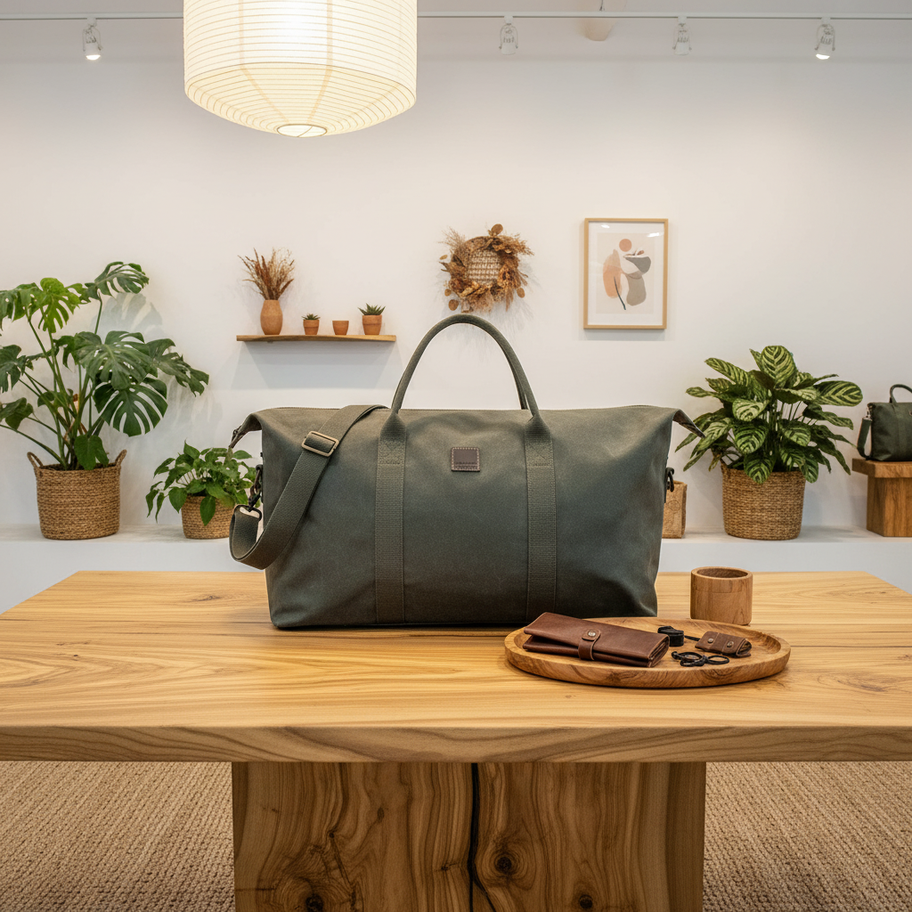 A dark olive green canvas duffel bag with dual top handles and a shoulder strap, displayed on a rustic wooden table in a styled room setting with potted plants and home decor.