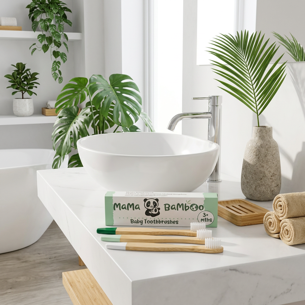 Three Mama Bamboo baby toothbrushes with coloured handle tips beside their box on a white bathroom counter, with a basin, plants and rolled towels