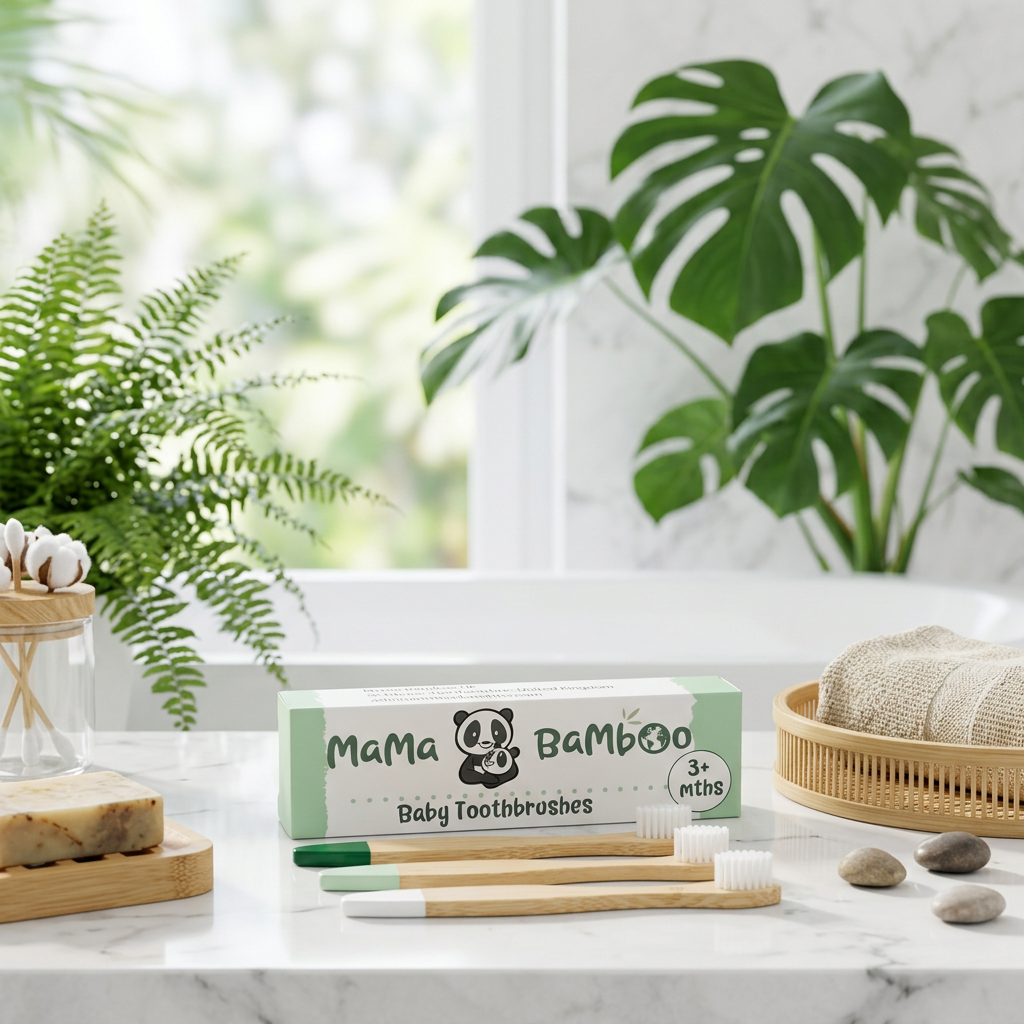 A set of bamboo baby toothbrushes and their green-and-white box labeled 'Mama Bamboo Baby Toothbrushes' arranged on a marble countertop with plants, soap, and a woven basket in the background.