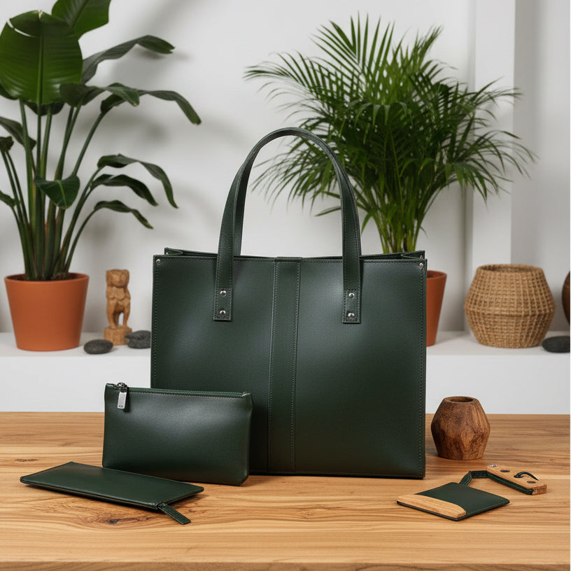 A dark green leather tote bag displayed on a wooden table with matching accessories, including a zip pouch, wallet, and card holder, styled with potted plants and decorative vases in the background.