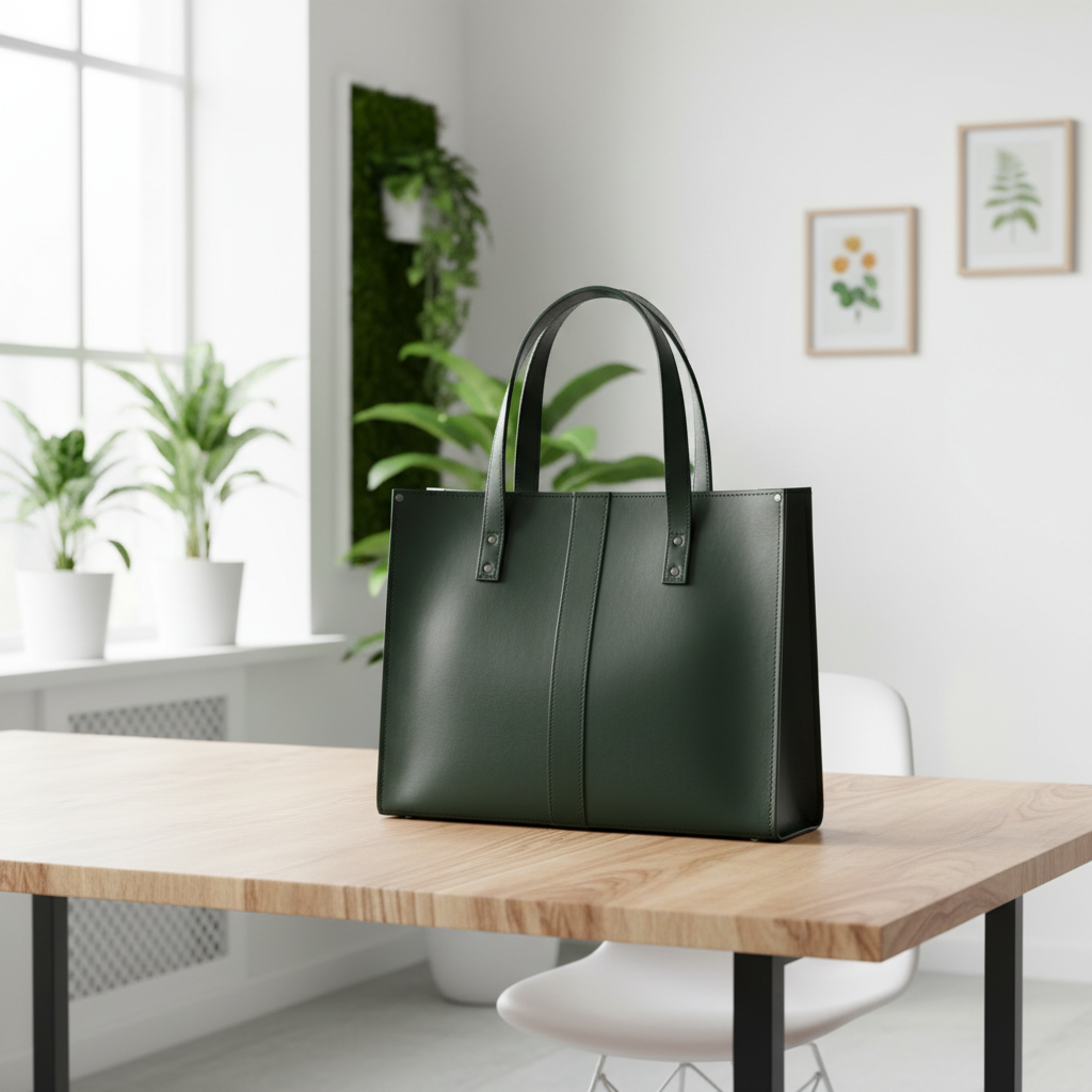A dark forest green leather tote bag with double top handles sits on a light wood table in a bright, modern room with potted plants and framed wall art.